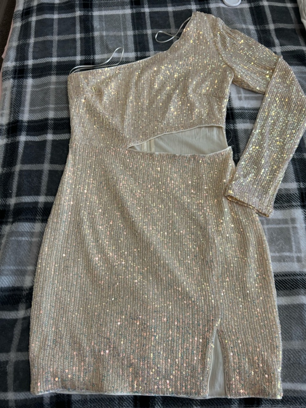privy One-Shoulder Sequin Cutout Dress in Gold